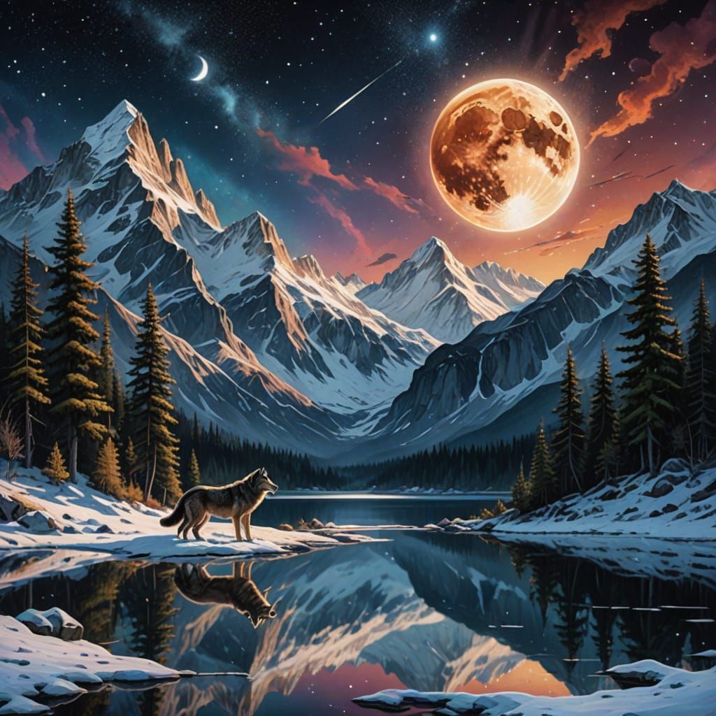 A serene landscape featuring a majestic mountain range reflected in a crystal-clear lake, with a lone wolf howling at th...