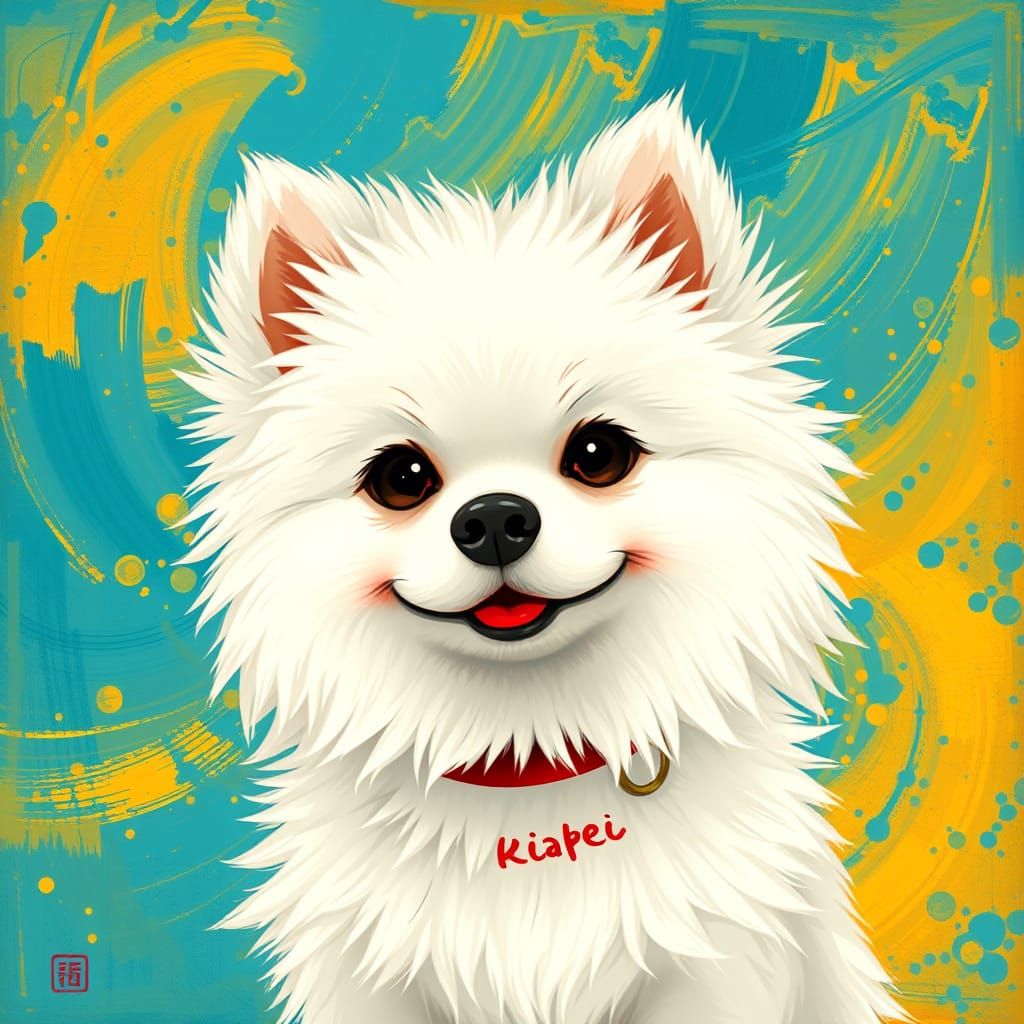 Fluffy Japanese Spitz Dog with Swirling Colorful Background