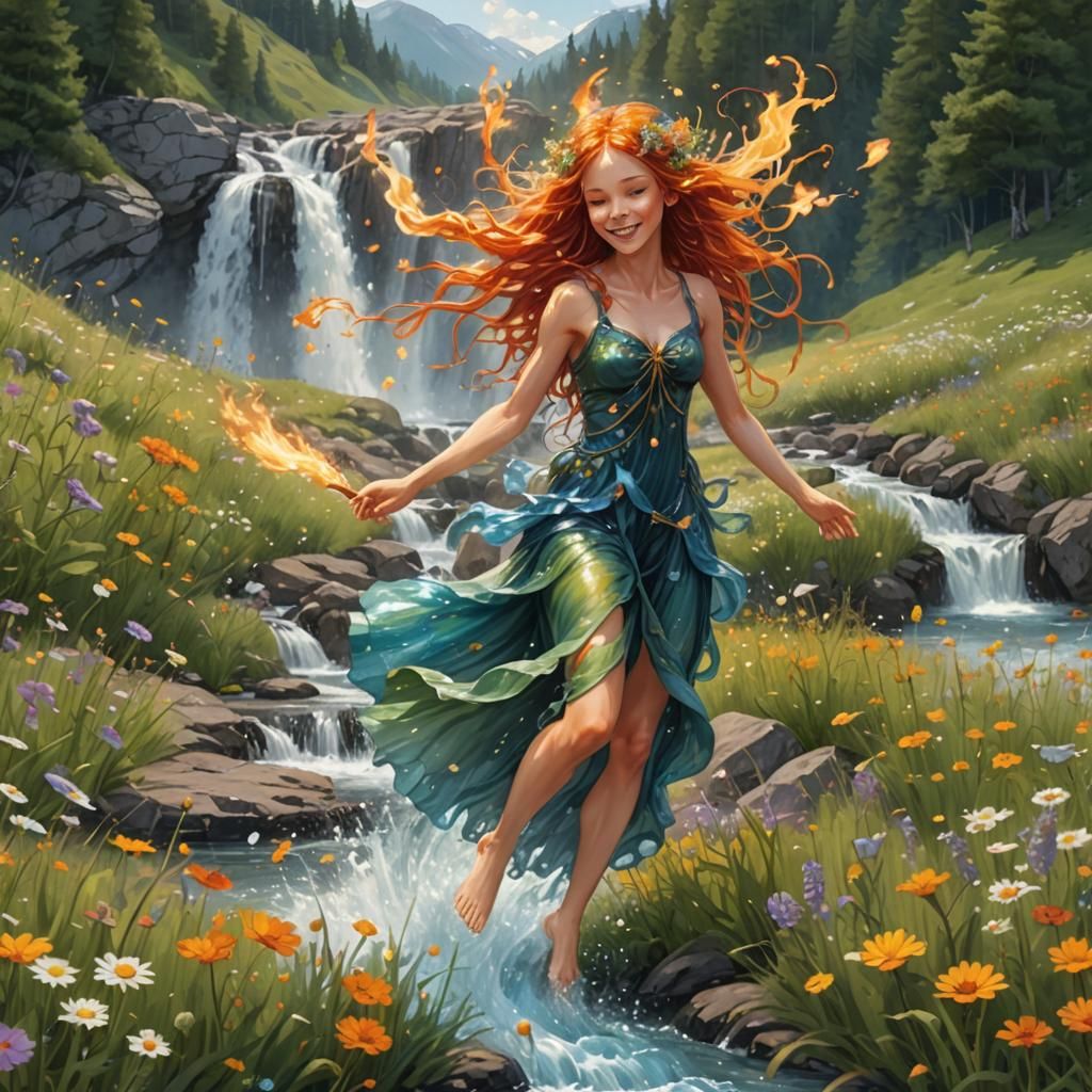 Water Fairy with Fire Hair Dances in Meadow