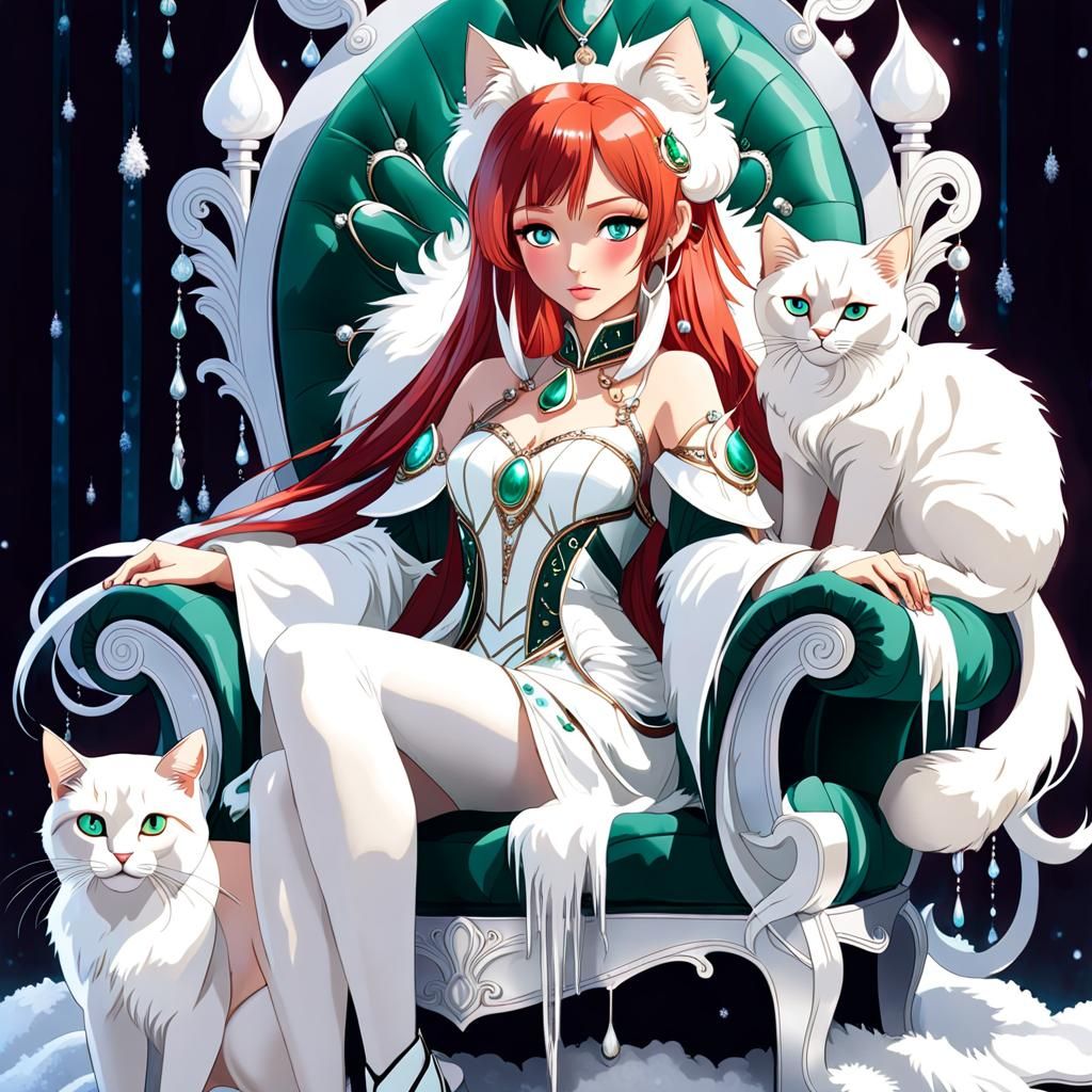 Red-Haired Queen on Throne with White Cat