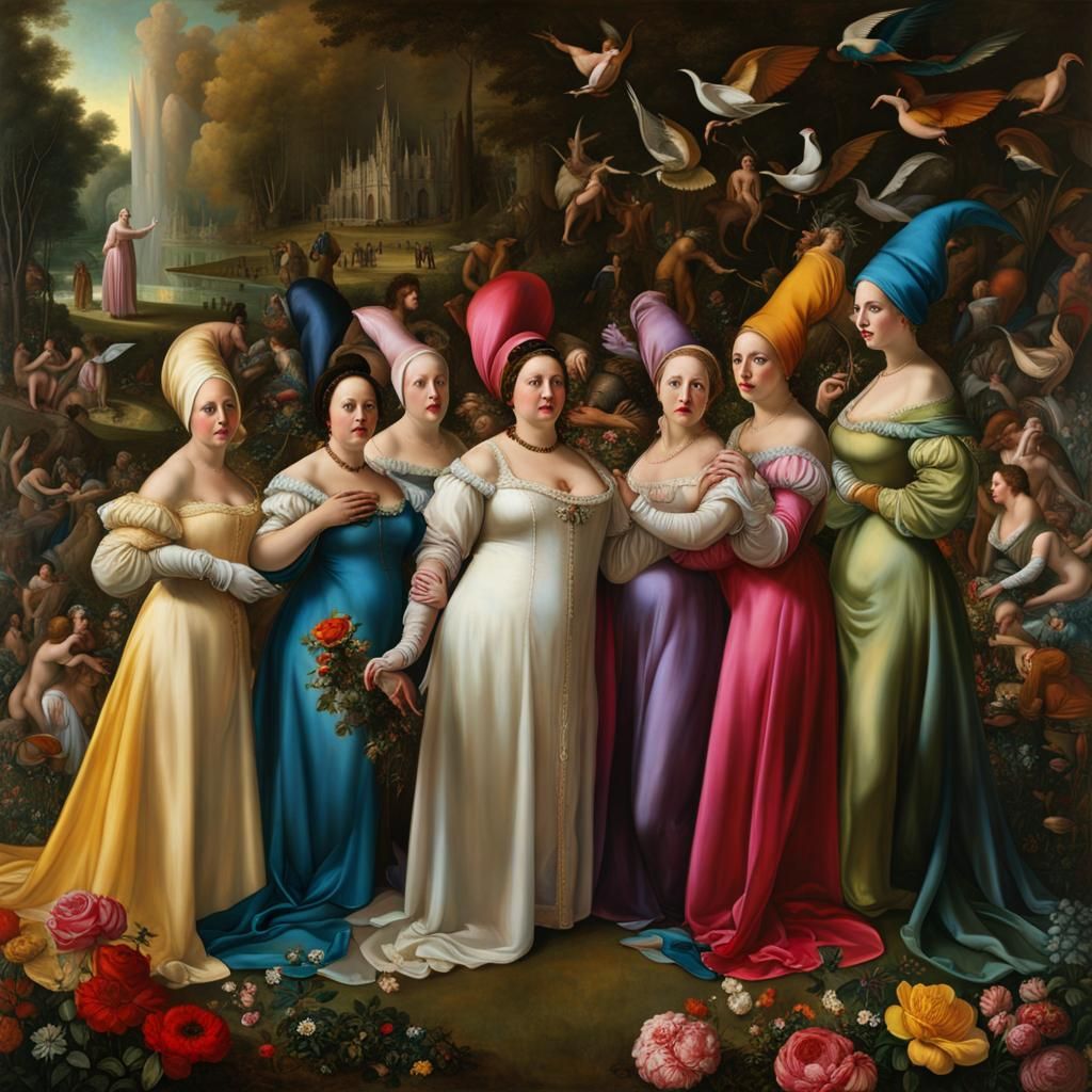 Ecstatic Women in Rainbow Satin, Grimdark Art