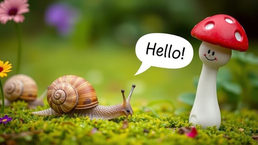 Curious Snail says hello to a garden  knome (speech bubble)"...