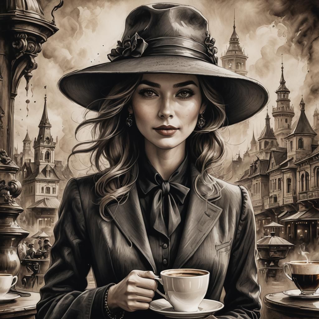 Elegant Woman with Coffee: Detailed Charcoal Drawing
