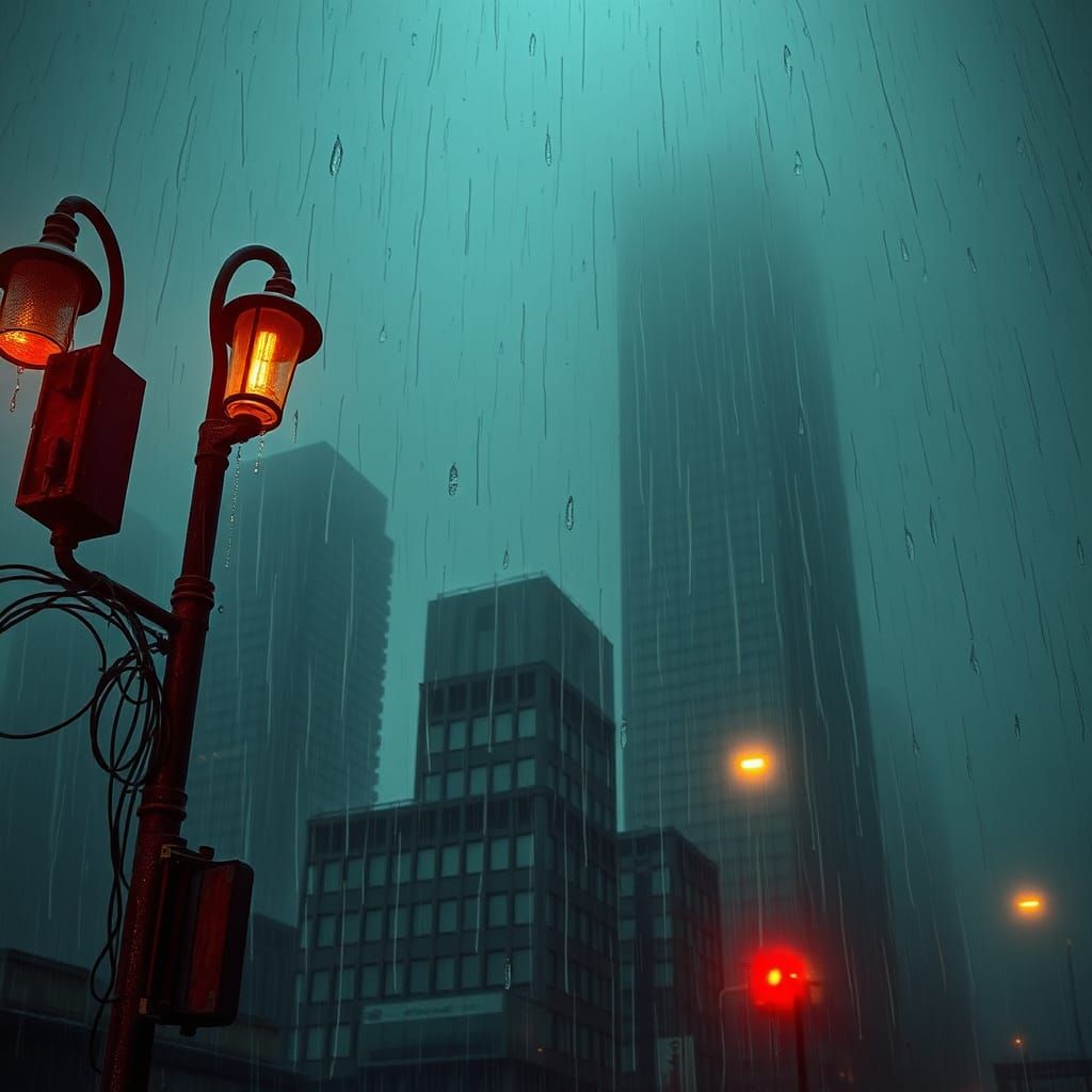 Dystopian Cityscape in Acid Rain: Hyperrealistic Image