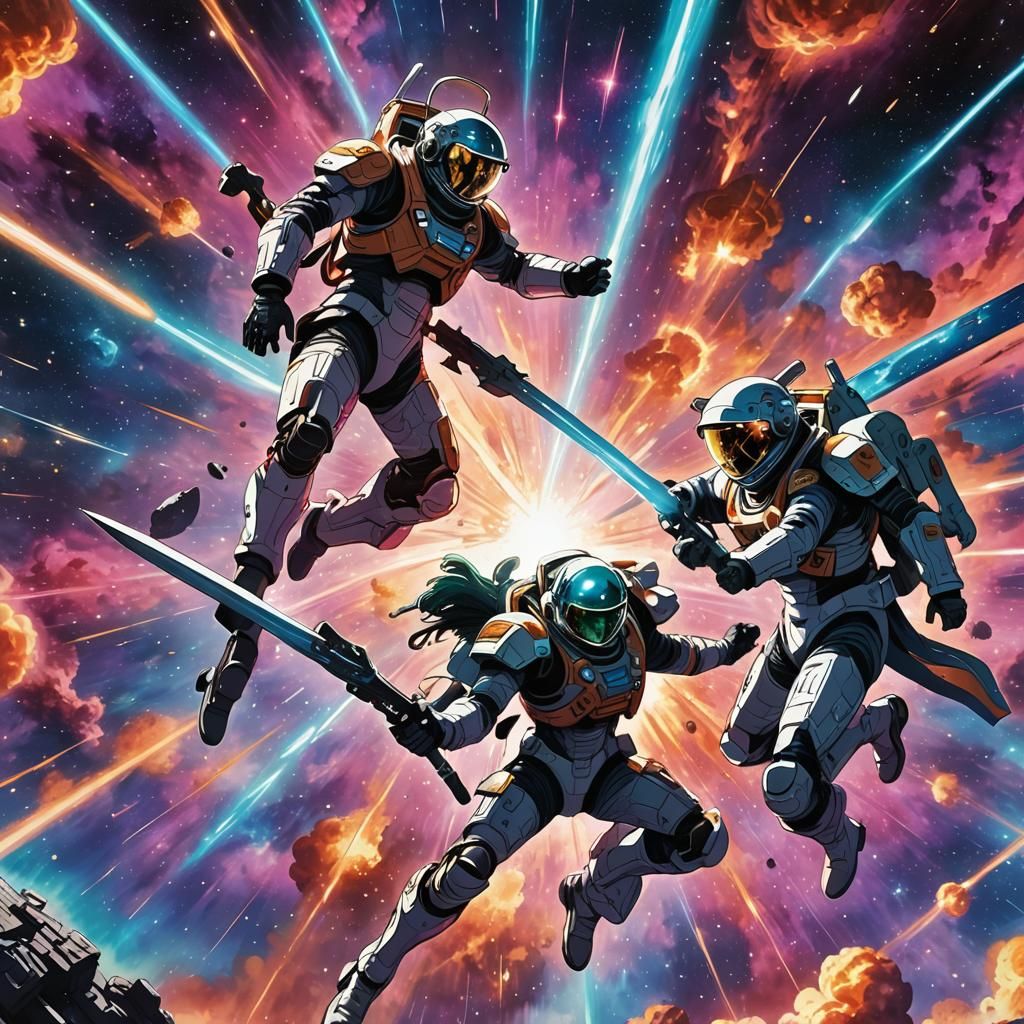 Astronaut Sword Fight in Space: Cel-Shaded Anime