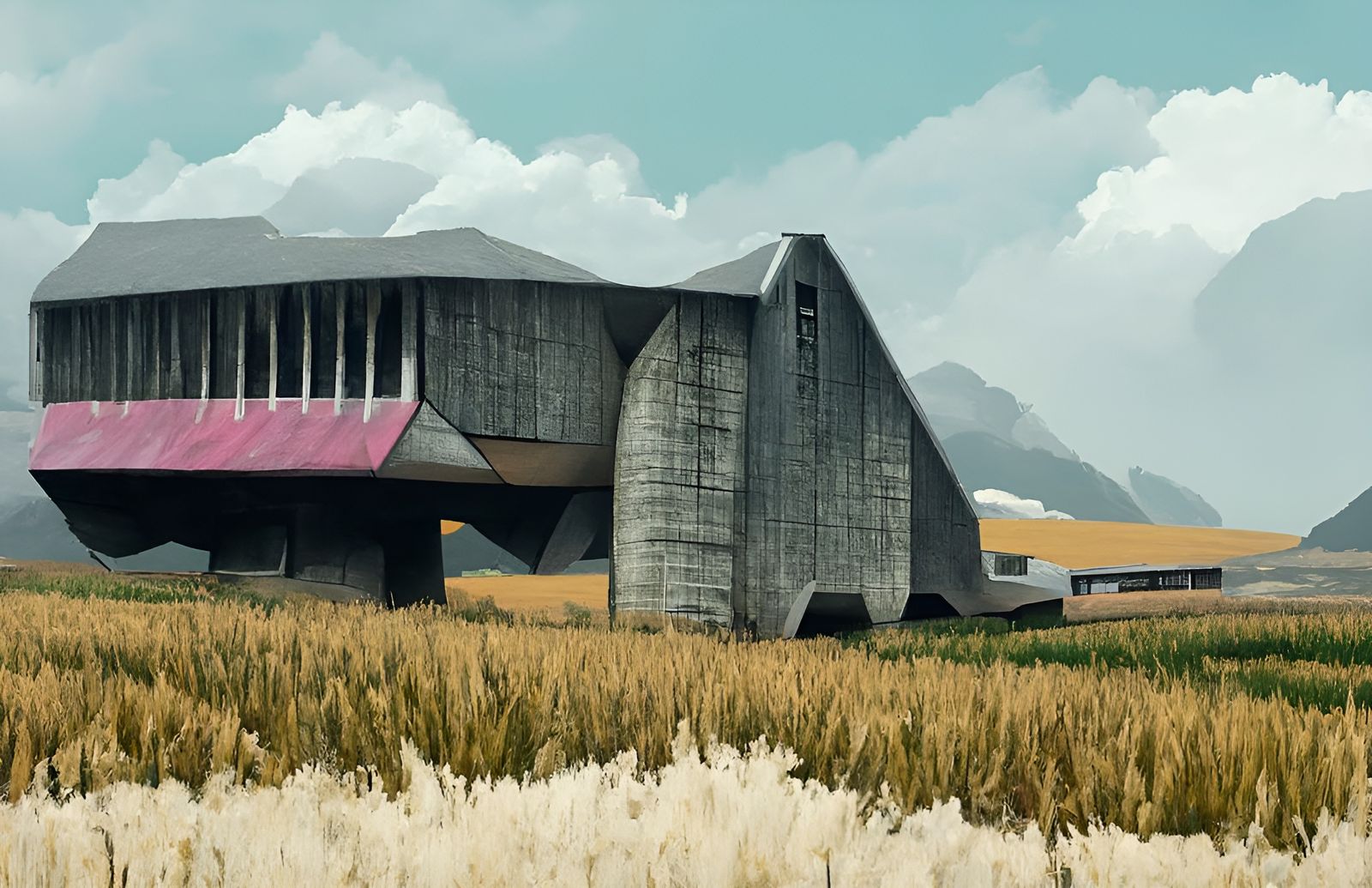 Brutalist Retro-Futuristic Barn and Farmland