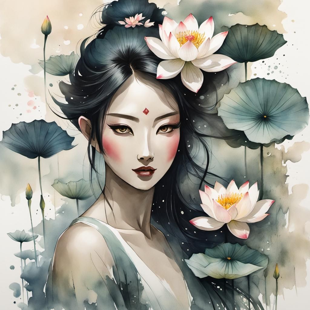 Water Demon Girl with Lotus in Chinese Ink