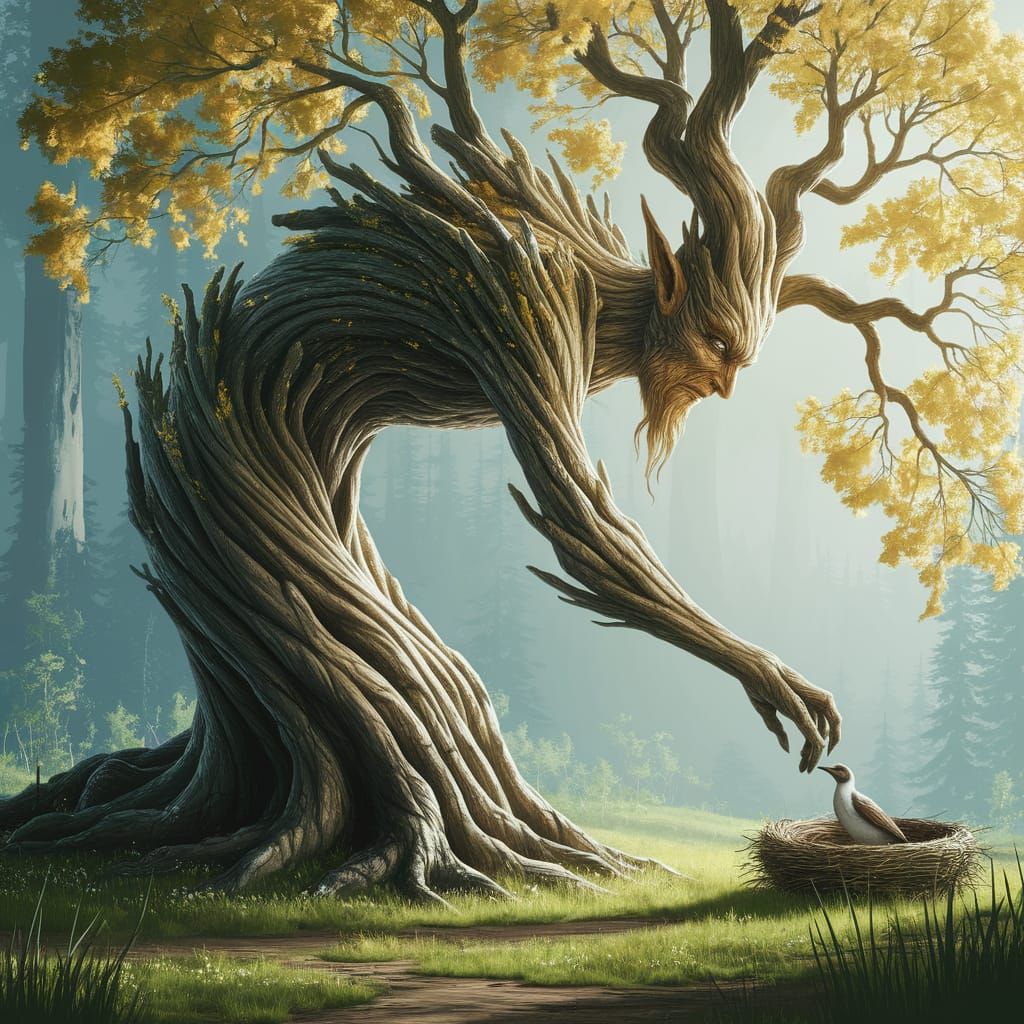 Ancient Tree Spirit Aids Injured Bird in Enchanted Forest