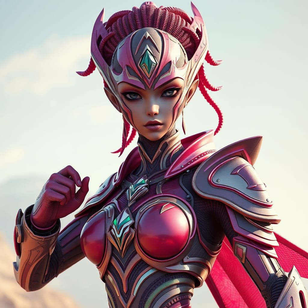 Alien Woman in Armor: Anime-Inspired 3D Art
