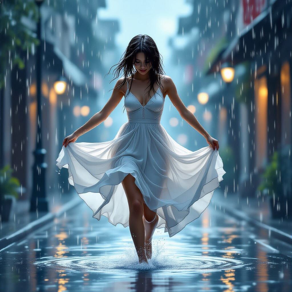 Girl Dancing in Rain with Translucent Dress