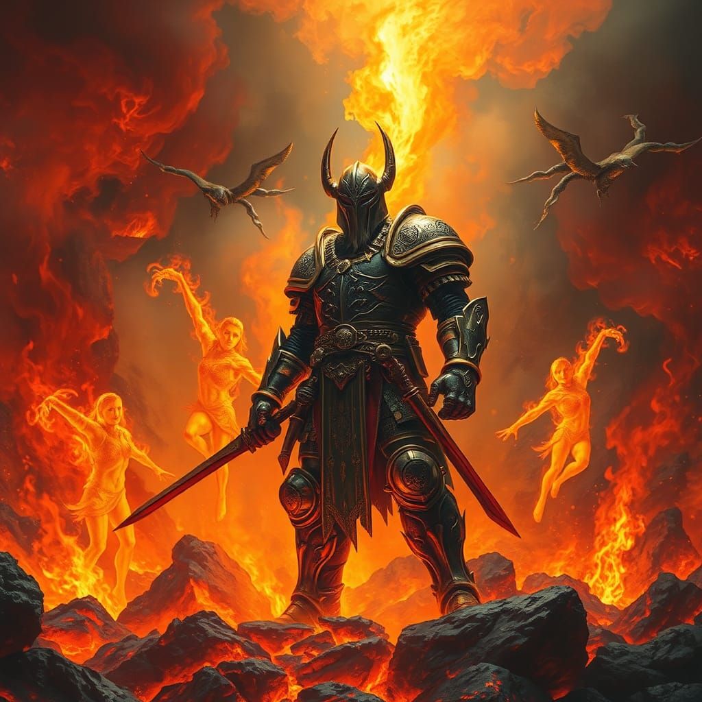 Fiery Warrior of Fire Elementals: Digital Art