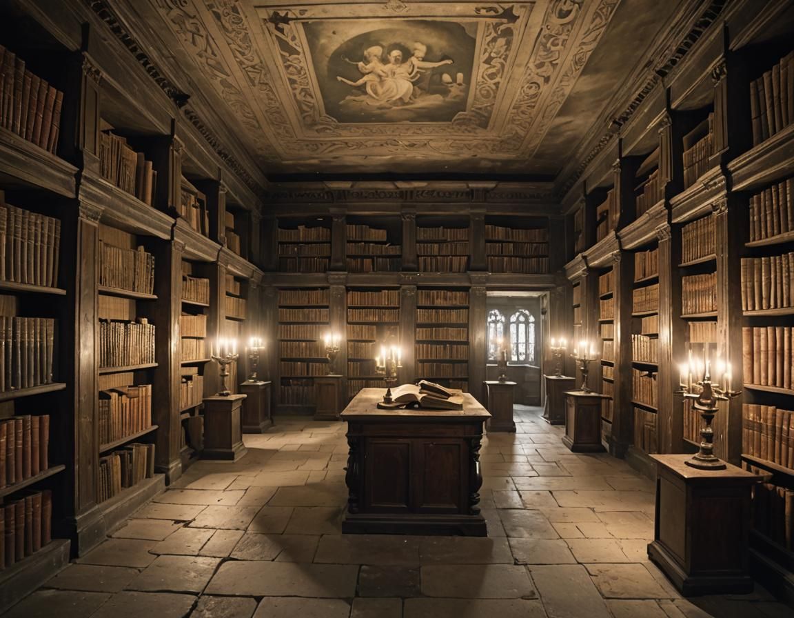 Mysterious Ancient Library with Ghostly Guardians