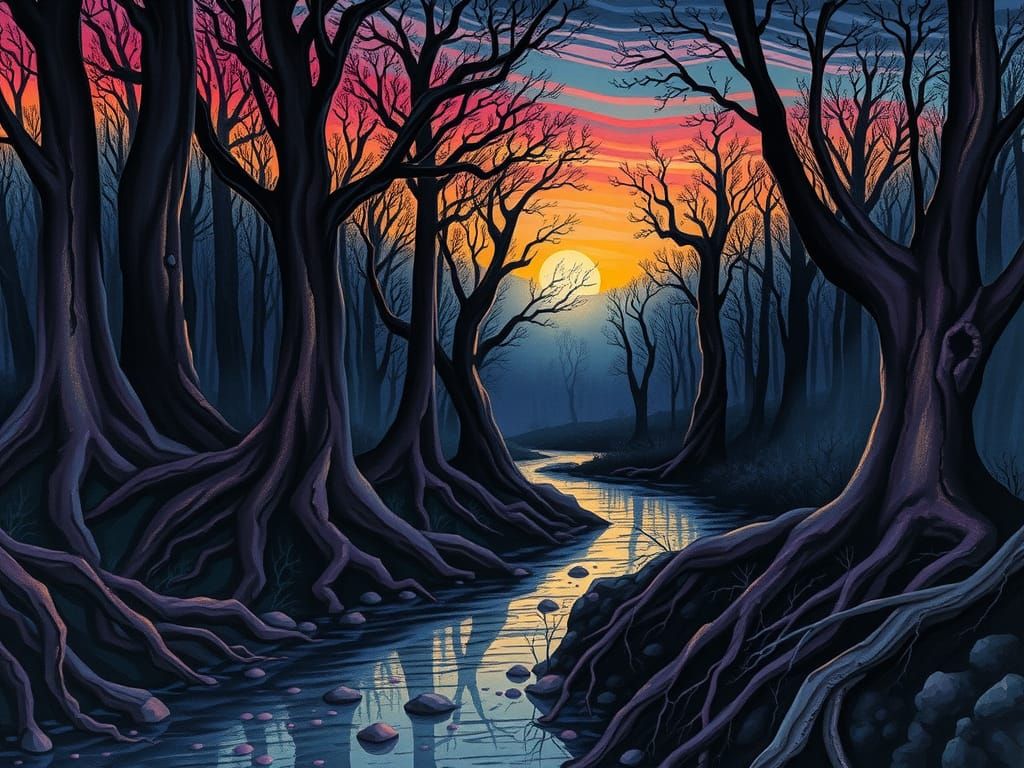 Eerie Twilight Forest in Expressionist Style