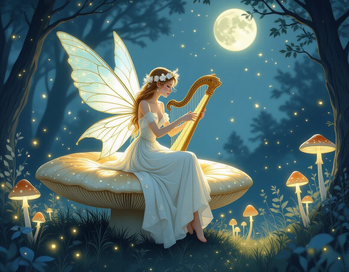 Fairy Plays Harp in Bioluminescent Forest