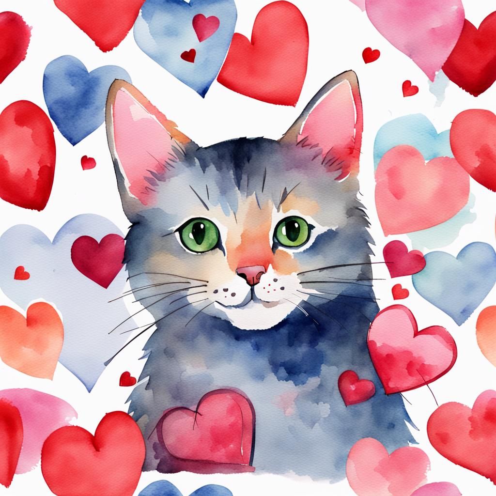 Watercolor Cat Celebrates Valentine's Day with Hearts