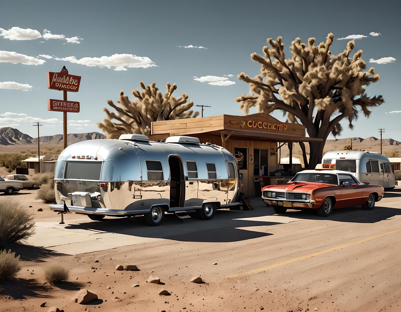 1970s Muscle Car on Route 66, Hyperrealistic Style