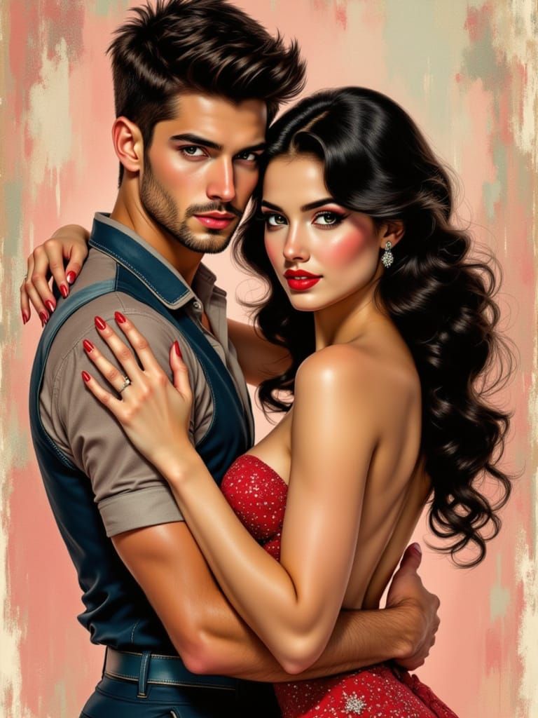 Abstract Pin-Up Couple in Embracing Pose