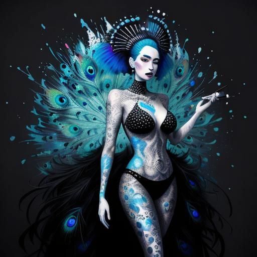 Polychromatic Graffiti Art: Woman with Peacock Feathers