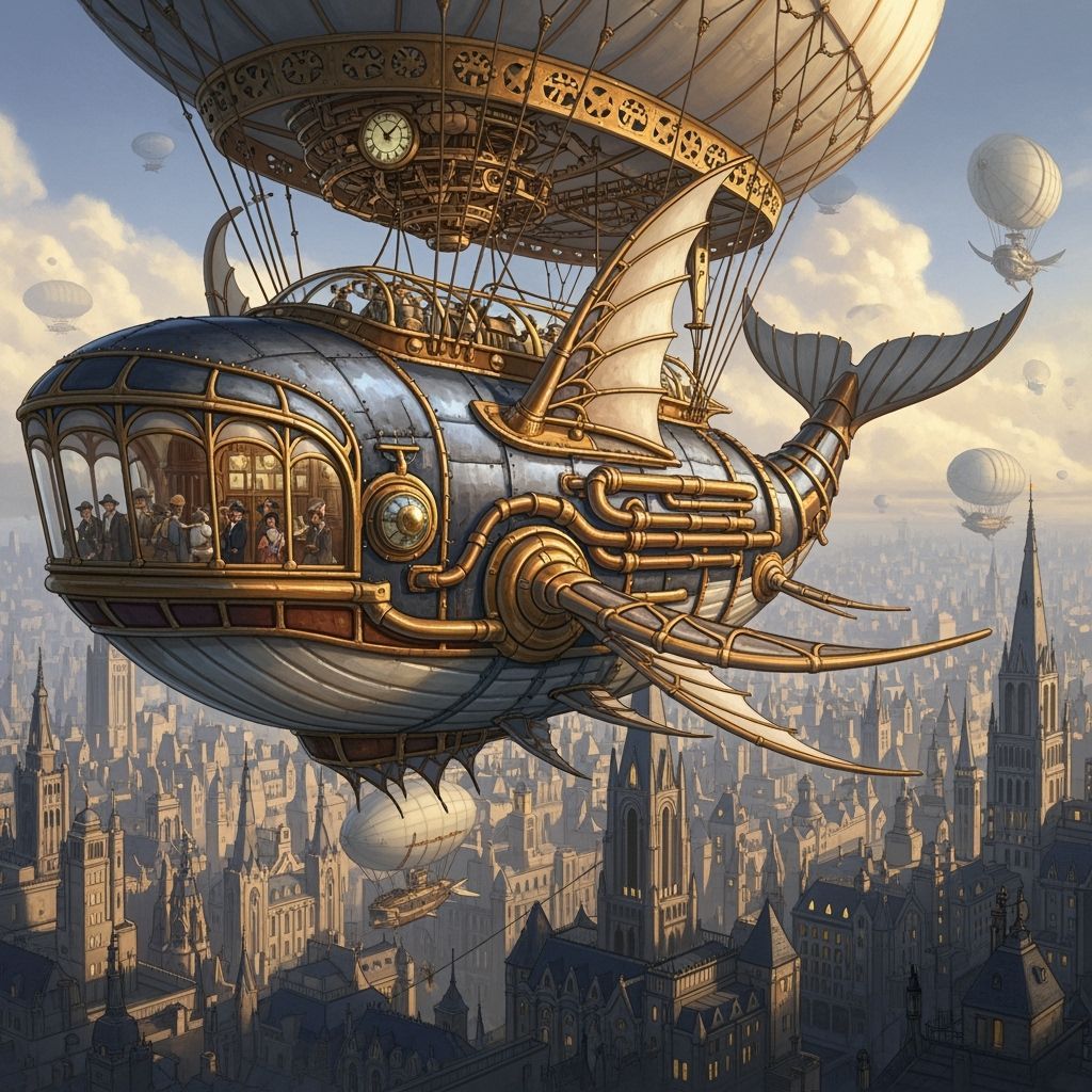 Steampunk Whale Airship Soaring Over Victorian City