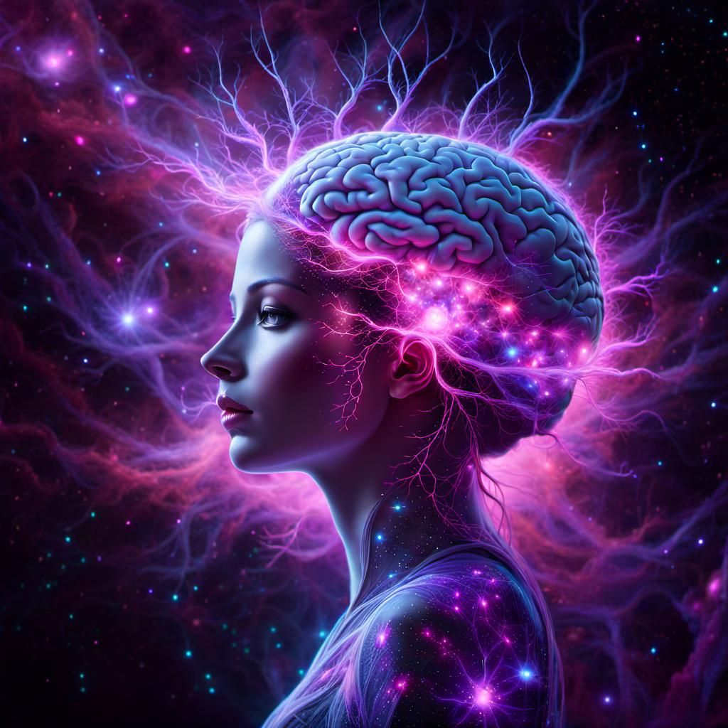 Ethereal Brain: Woman with Galaxy Neuron Overlay