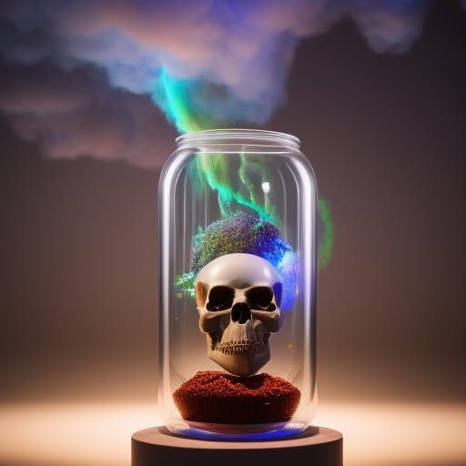 tiny human skull inside of a jar