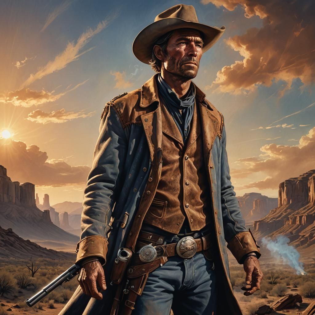 Weary Cowboy with Six-Shooter in Western Concept Art