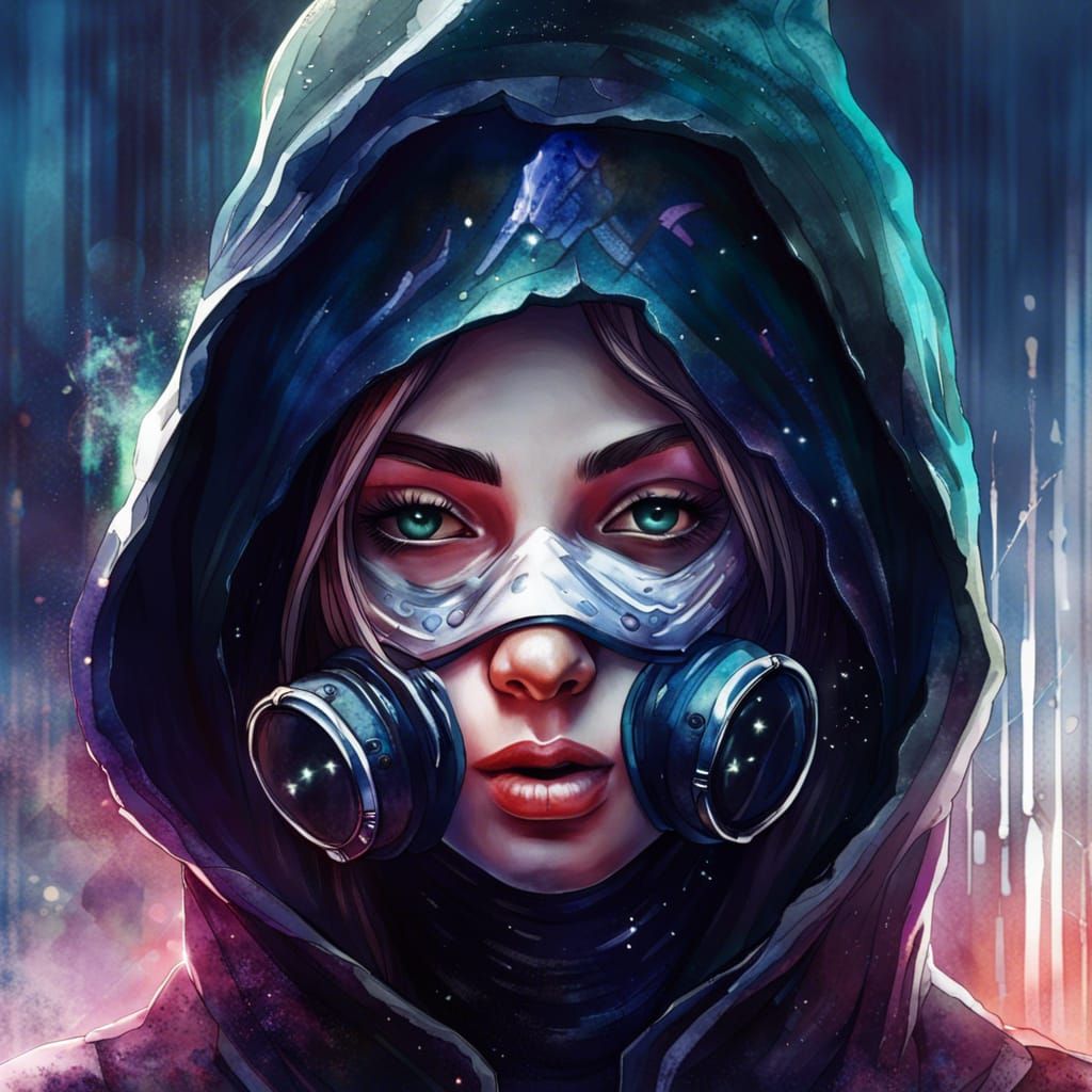 Futuristic Woman with Breathing Mask in Watercolor