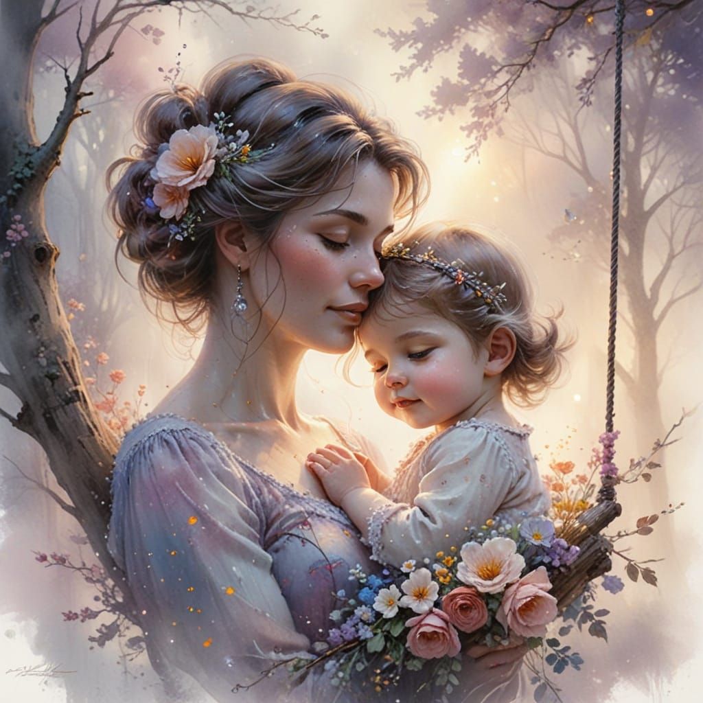 Ethereal Mother and Child on Tree Swing