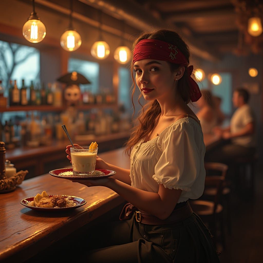 Waitress Serves Tiramisu in a Swashbuckling Pirates' Tavern