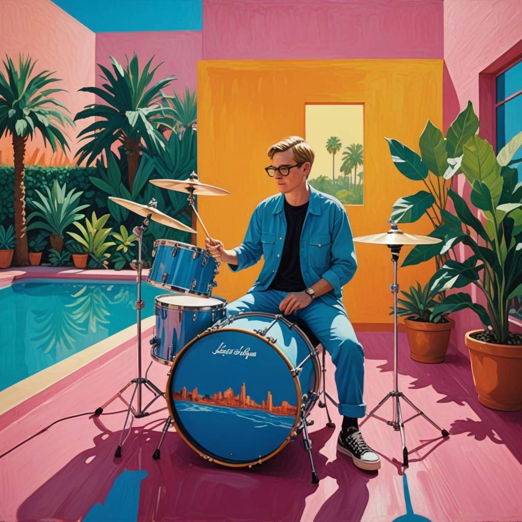 Youthful Drummer in Neon-Lit Concert Venue