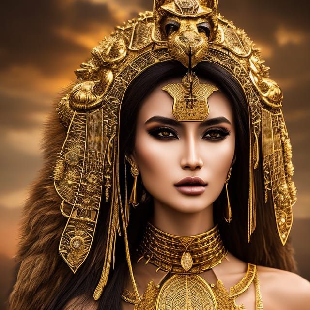 Fierce Lioness Goddess in Ancient Desert Landscape