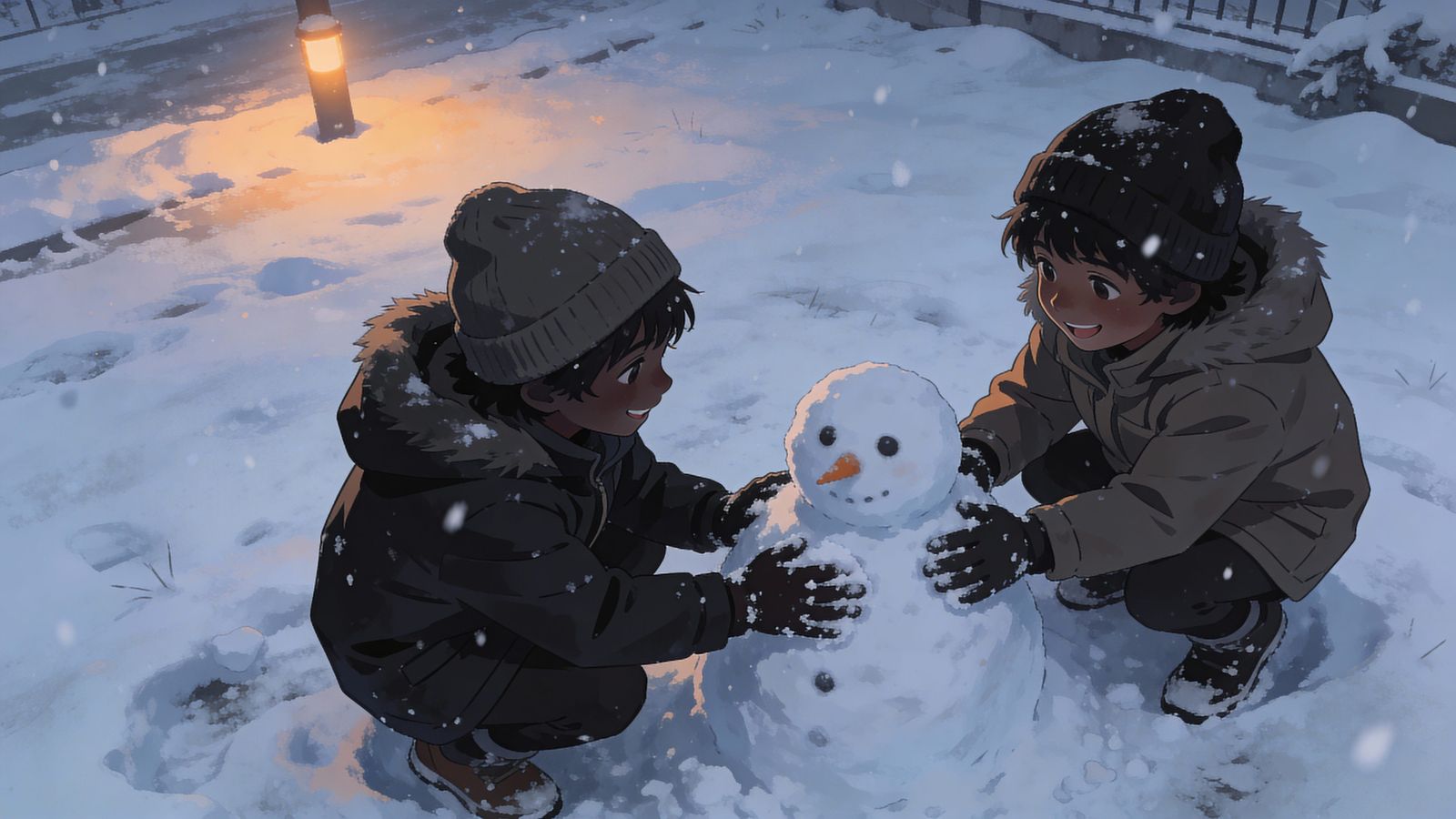 Kids Building Snowman at Dusk in Anime Style