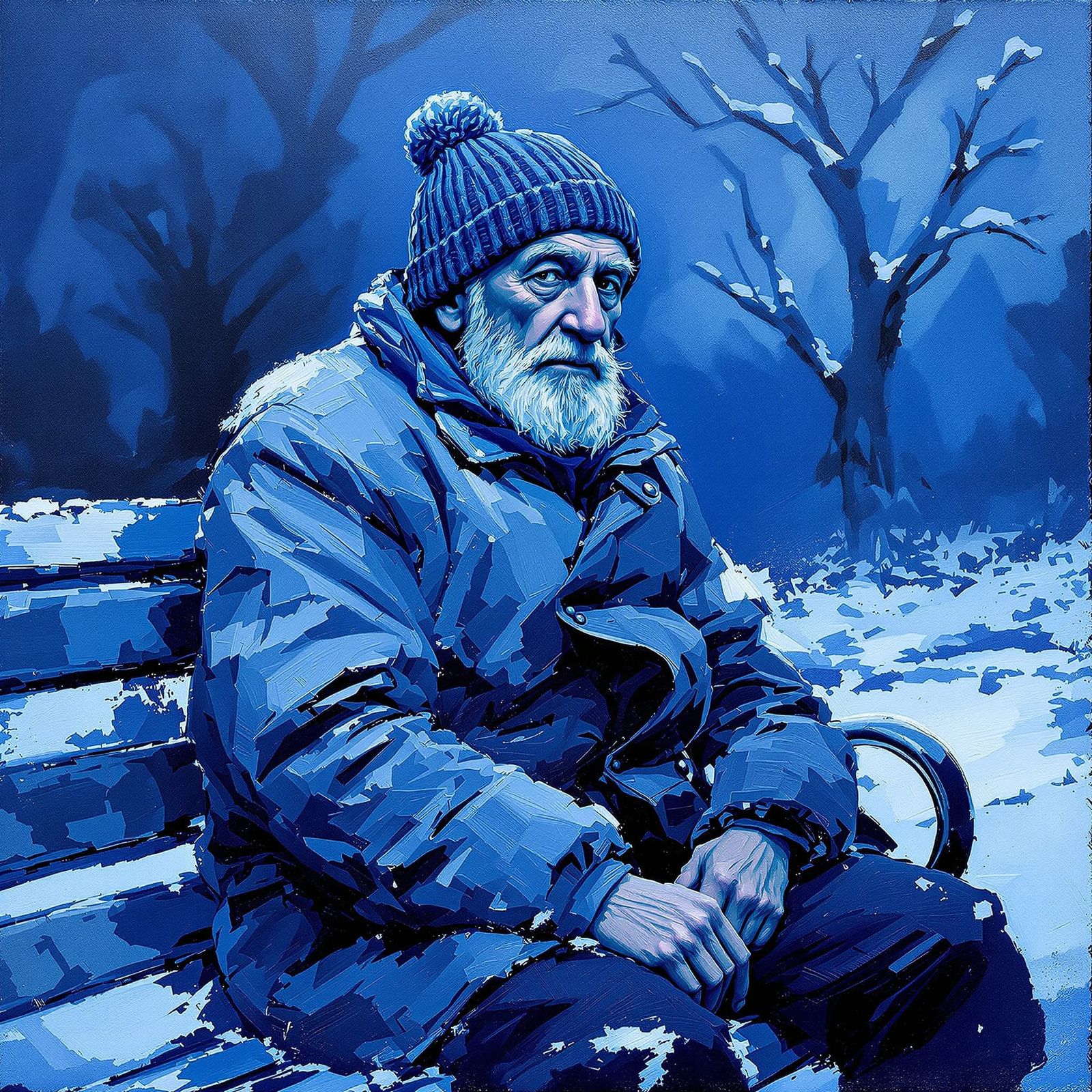 Impasto Oil Painting of Sad Man in Blue Winter Park