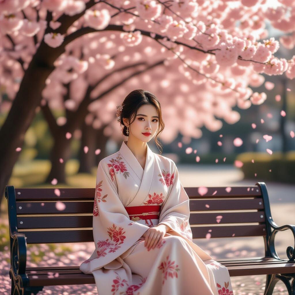 Chinese Woman Surrounded by Cherry Blossoms