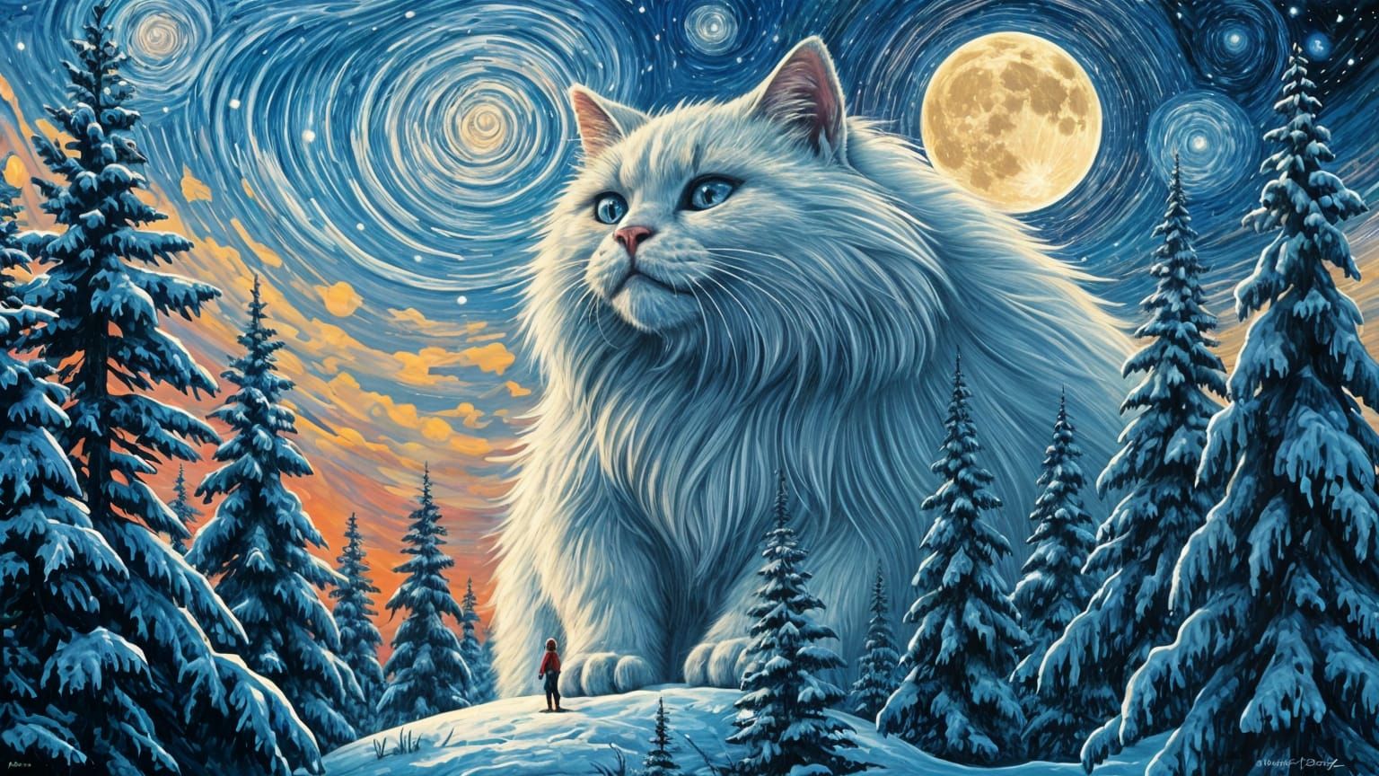 Giant Cat in Winter Forest, Graffiti Art Style
