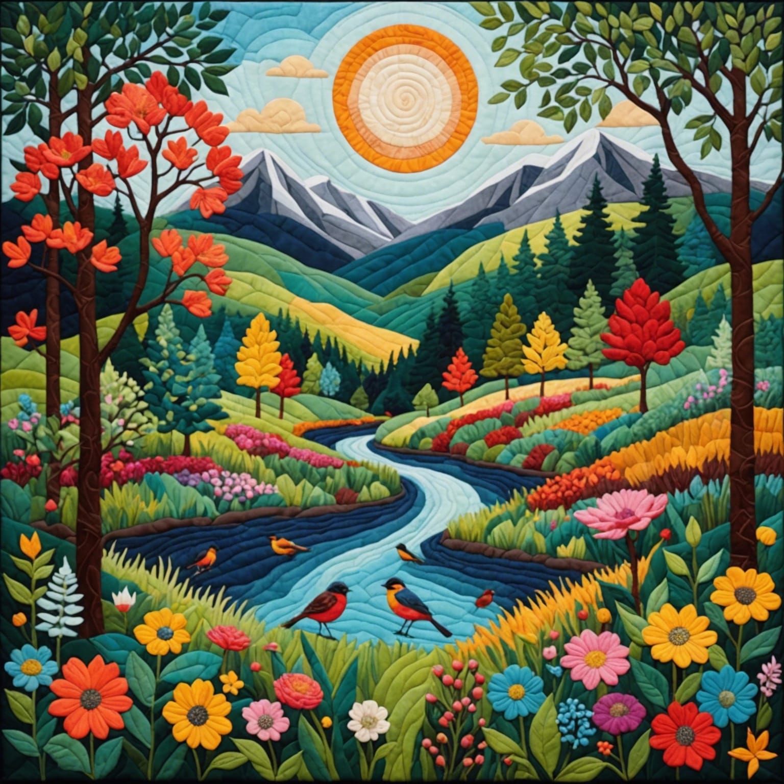 Patchwork Quilt Nature Scene: Textile Art