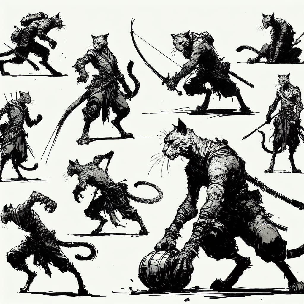Tabaxi Ranger: Character Design Sketches in Ink