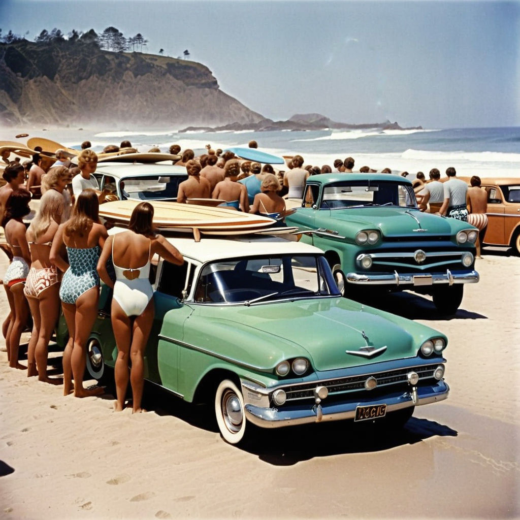 Vintage American Cars and Surfers at the Beach