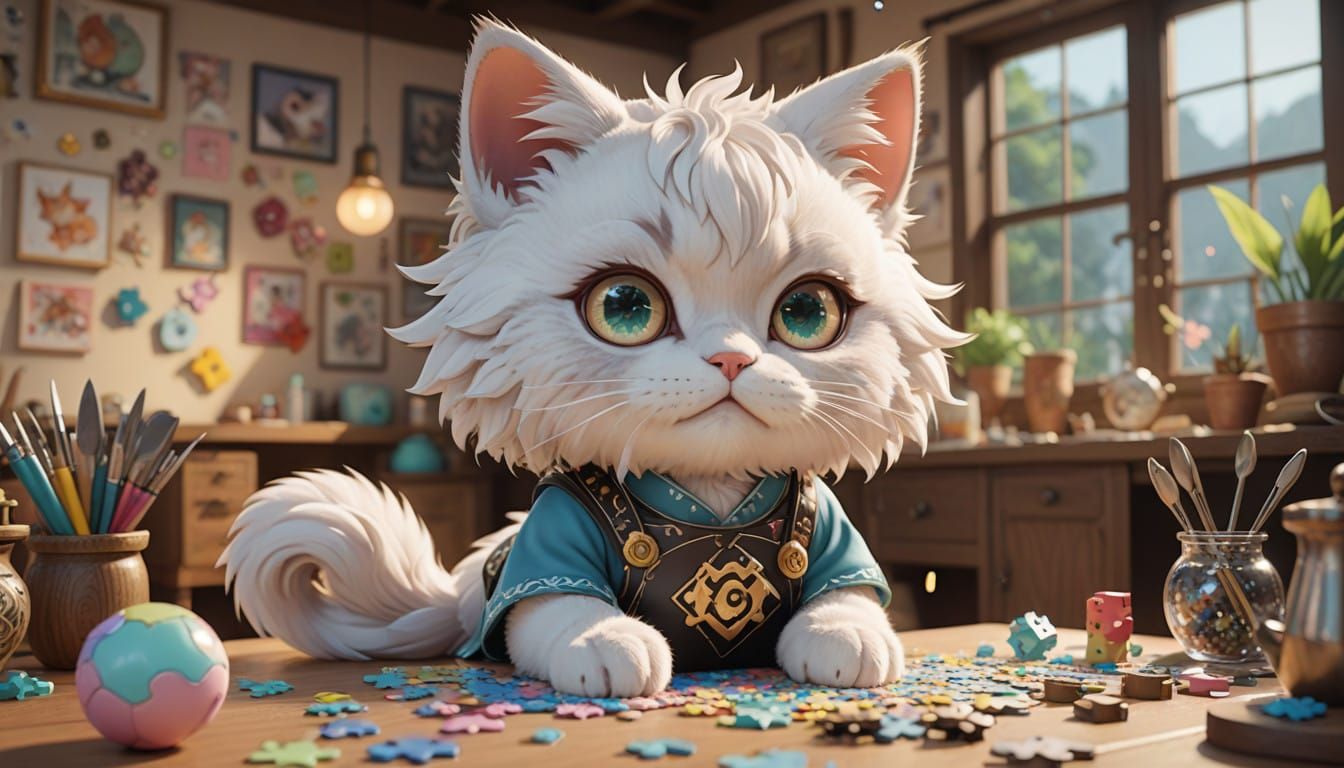 Chibi Cat Crafting Scene in Whimsical Anime Style