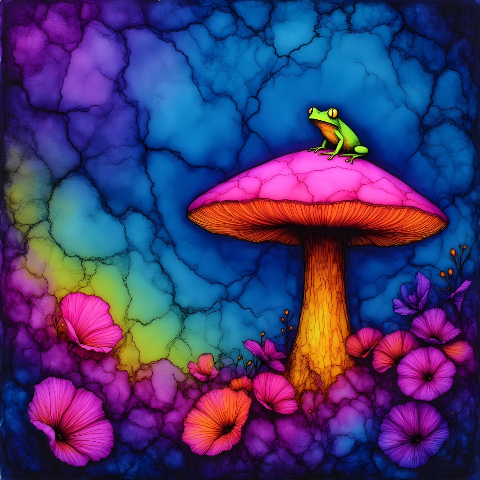 Frog on Mushroom in Neon Alcohol Ink Style