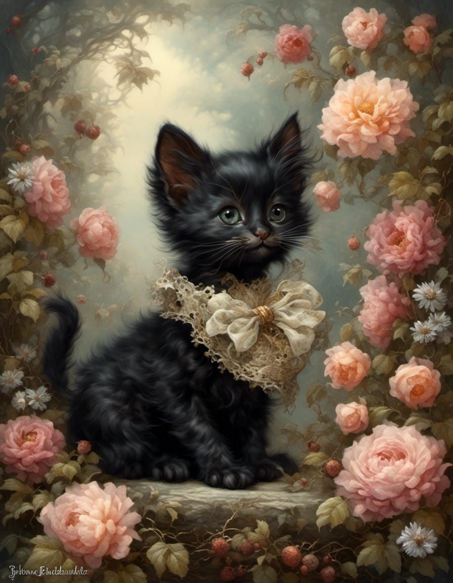 Black Kitten Amongst Flowers in Folk Art Style