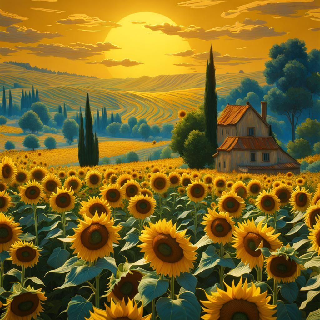 Optical Illusion Sunflowers in Van Gogh Style