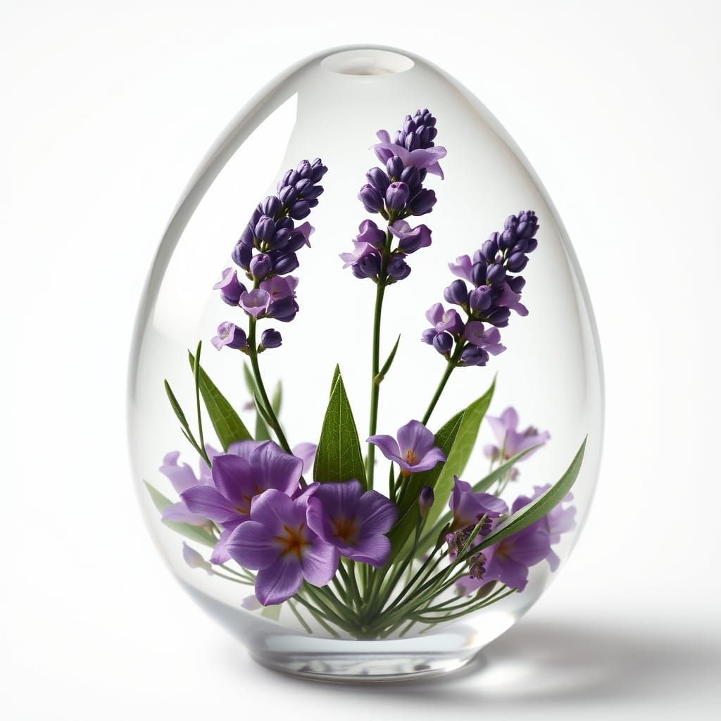Delicate Crystal Egg Filled with Lavender Blooms in Art Nouv...