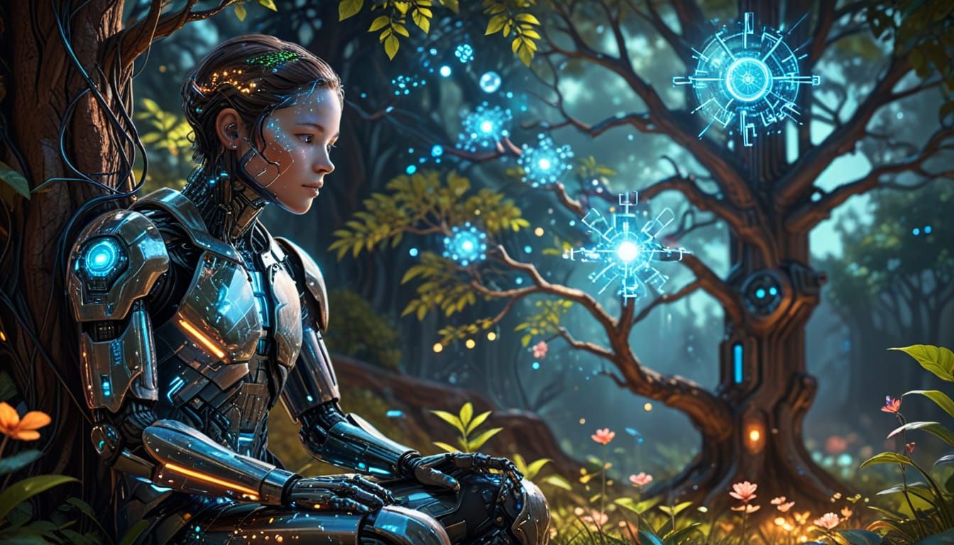 Sci-Fi Scene: Person Using Hologram Under Tree