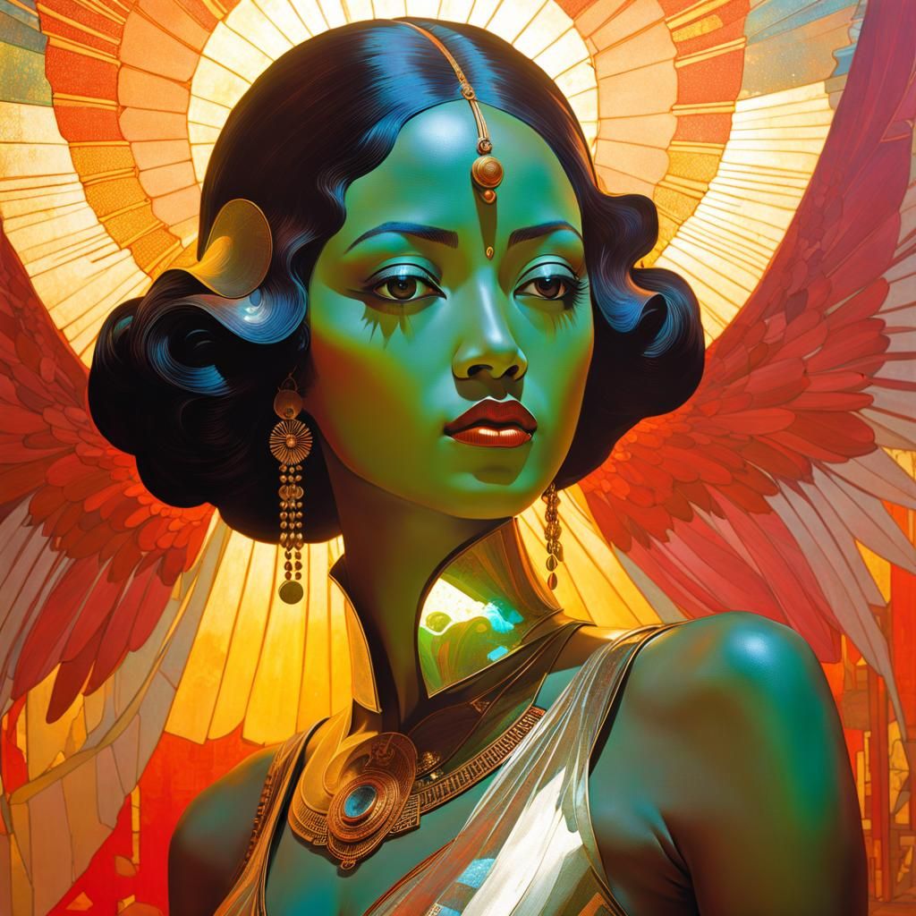 Atompunk Cyborg Angel Portrait in Fresco Style