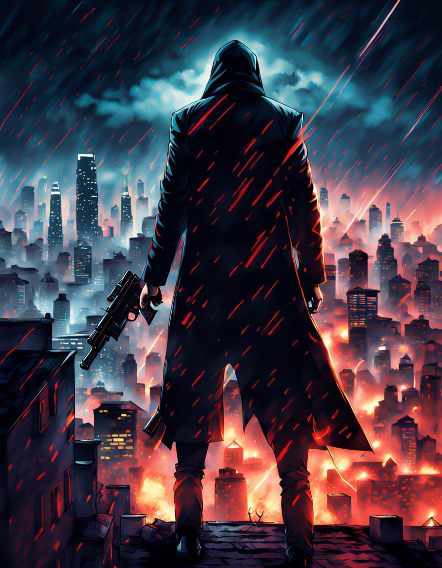 Charismatic Assassin Stands Tall in Neon-Lit Cityscape