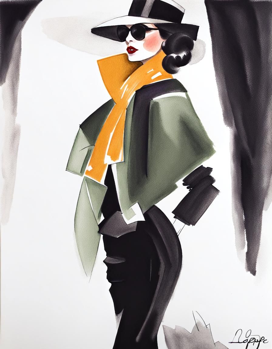 Parisian Fashion Portrait in Watercolor Style