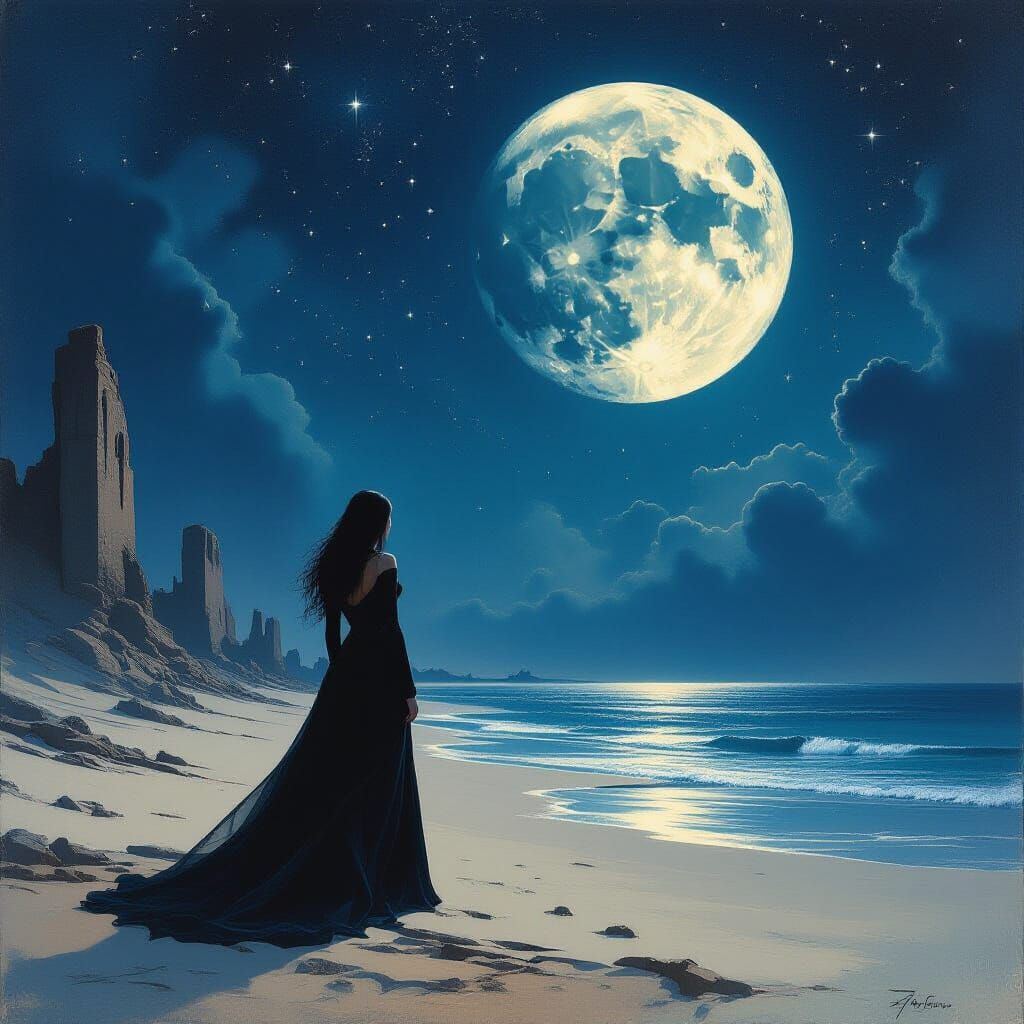 Woman Gazes at Shattered Moon on Alien Shore