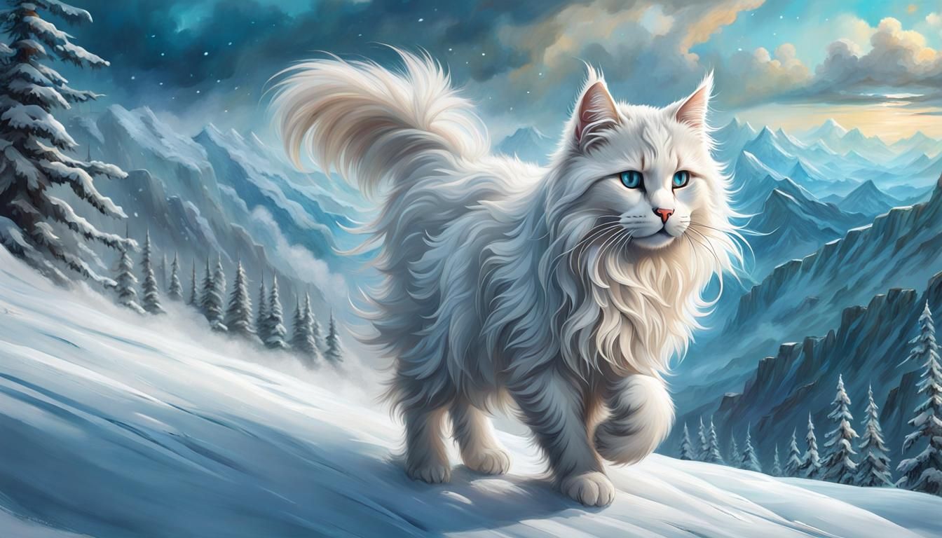 Fluffy Kurilian Bobtail Cat in Blizzard Painting