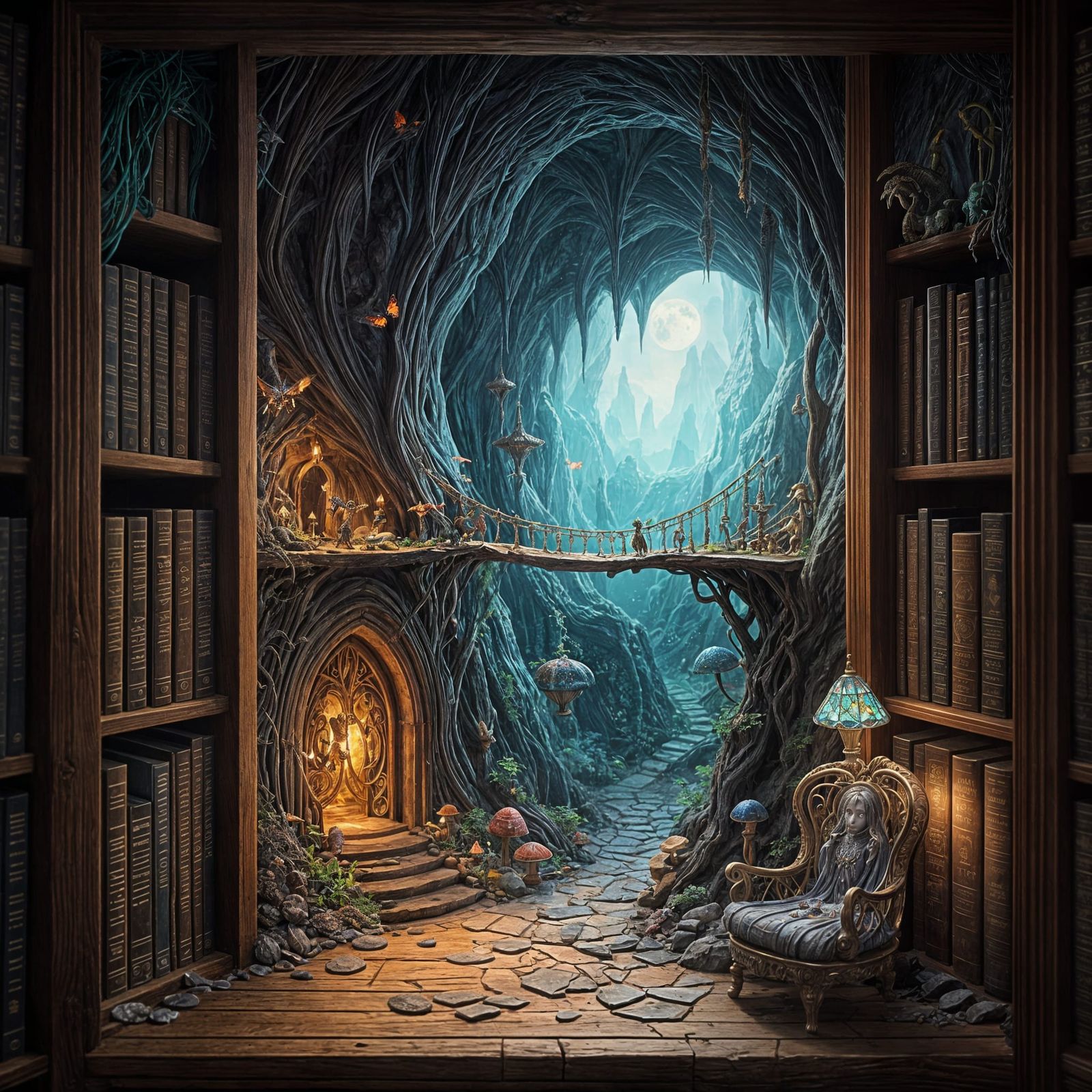 Whimsical Creatures in a Mystical Bookcase Cavern